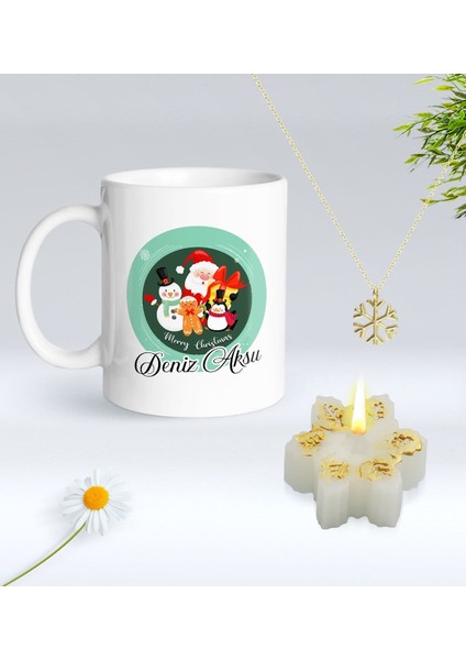Yılbaşı Hediyesi Bk Gift Kişiye Özel Yeni Yıl Tasarımlı Beyaz Kupa Bardak, Kar Tanesi Kolye ve Kar Tanesi Mum Hediye Seti-3, Sevgiliye Hediye, Arkadaşa Hediye