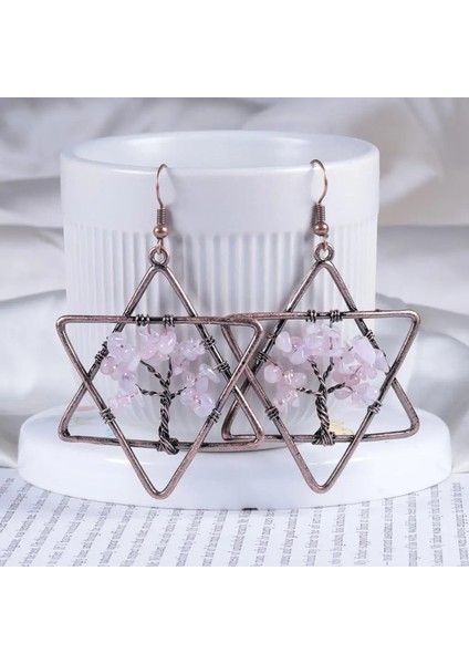 Tel Sarılı Hayat Ağacı Kristal Damla Geometrik Heksagram Doğal Gül Kuvars Mineral Çip Dangle Kadın Takı Küpe (Yurt Dışından) fiyatları