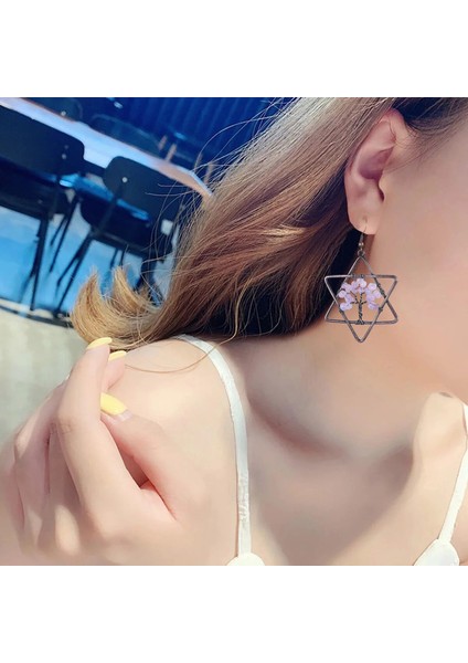 Tel Sarılı Hayat Ağacı Kristal Damla Geometrik Heksagram Doğal Gül Kuvars Mineral Çip Dangle Kadın Takı Küpe (Yurt Dışından) modelleri
