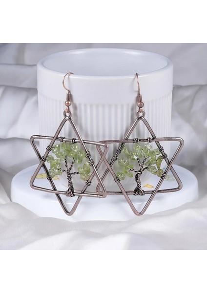 Tel Sarılı Hayat Ağacı Kristal Damla Geometrik Heksagram Doğal Gül Kuvars Mineral Çip Dangle Kadın Takı Küpe (Yurt Dışından) fırsatları