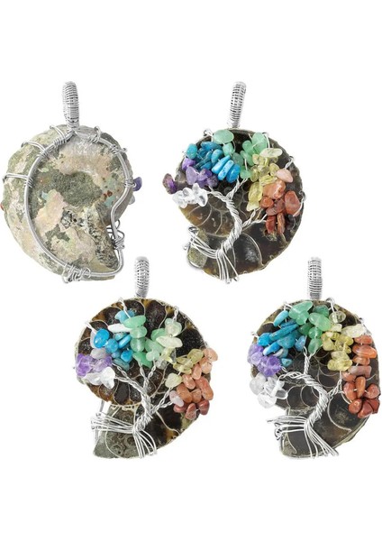 Mücevher Yapımı Doğal Ammonit Tel Sarılı Hayat Ağacı Kristal Cips Kolye (Yurt Dışından) fırsatları