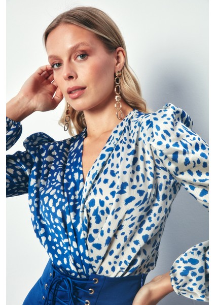 Kruvaze Desenli Bodysuit - Ekru-Lacivert