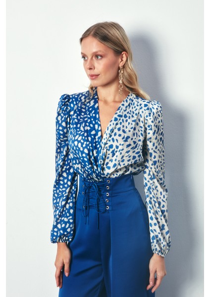 Kruvaze Desenli Bodysuit - Ekru-Lacivert fiyatları