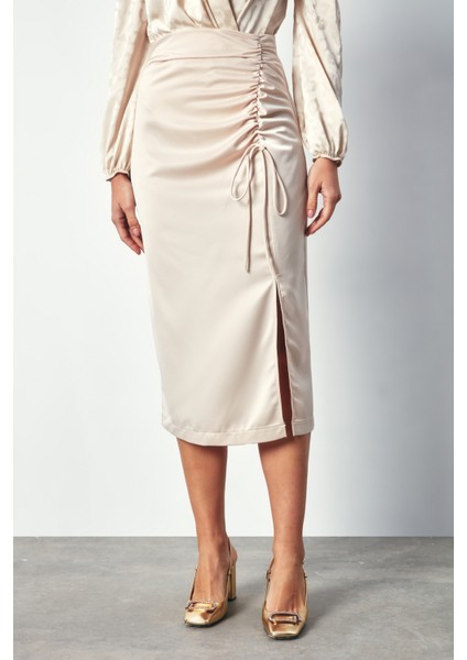 Büzgü Detaylı Saten Etek - Bej modelleri
