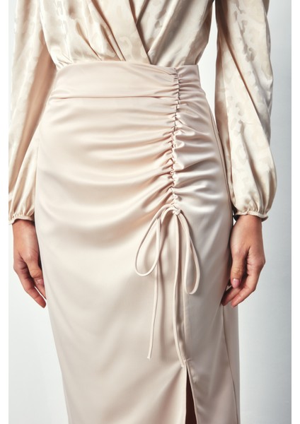 Büzgü Detaylı Saten Etek - Bej fırsatları