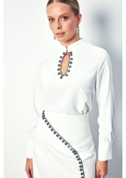 Yaka Damla Detaylı Bluz - Ekru fiyatları