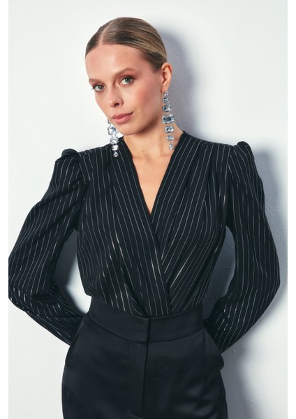 Parlak Çizgili Bodysuit Bluz - Siyah fiyatları