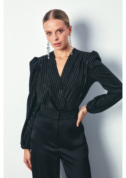 Parlak Çizgili Bodysuit Bluz - Siyah modelleri