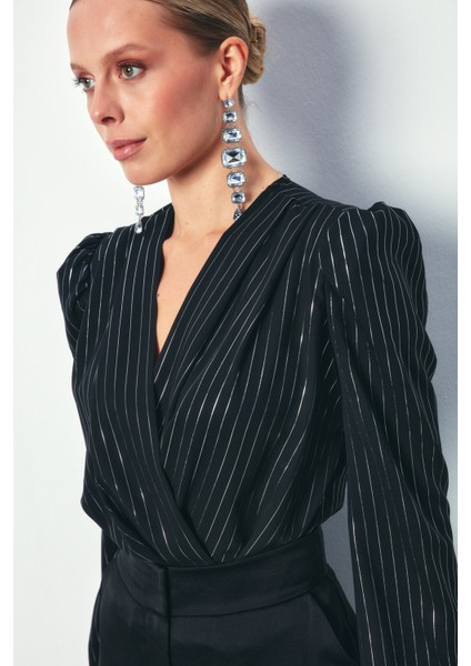 Parlak Çizgili Bodysuit Bluz - Siyah indirimleri