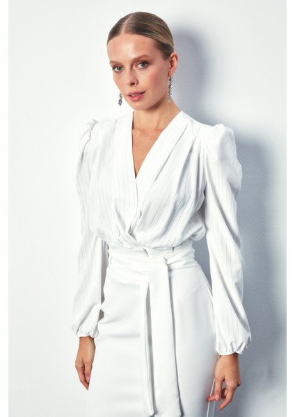 Parlak Çizgili Bodysuit Bluz - Ekru