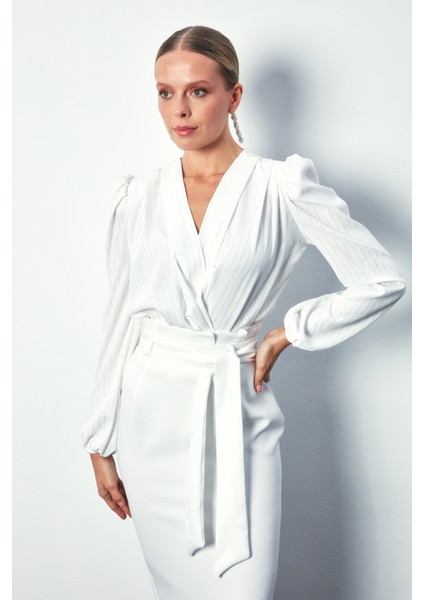 Parlak Çizgili Bodysuit Bluz - Ekru fiyatları