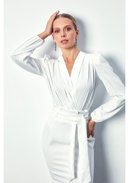 Parlak Çizgili Bodysuit Bluz - Ekru fırsatları