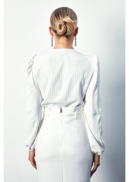 Parlak Çizgili Bodysuit Bluz - Ekru indirimleri