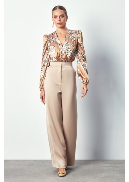 Desenli Bodysuit Bluz - Camel