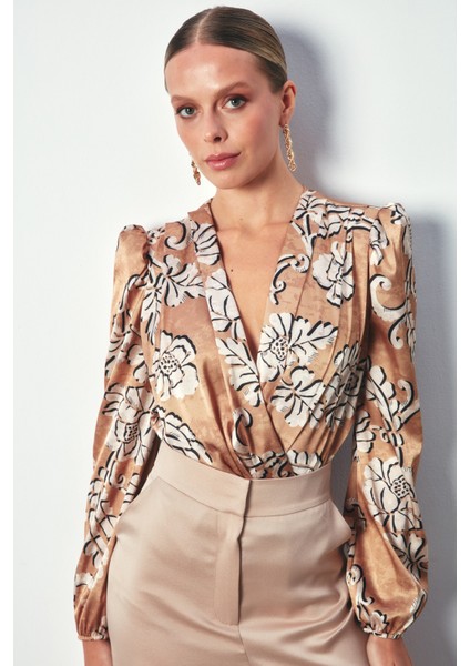 Desenli Bodysuit Bluz - Camel fiyatları