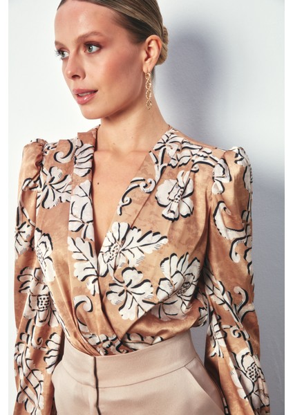 Desenli Bodysuit Bluz - Camel fırsatları