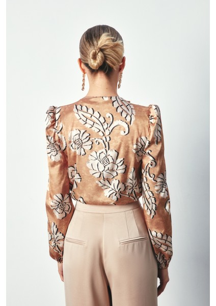 Desenli Bodysuit Bluz - Camel indirimleri