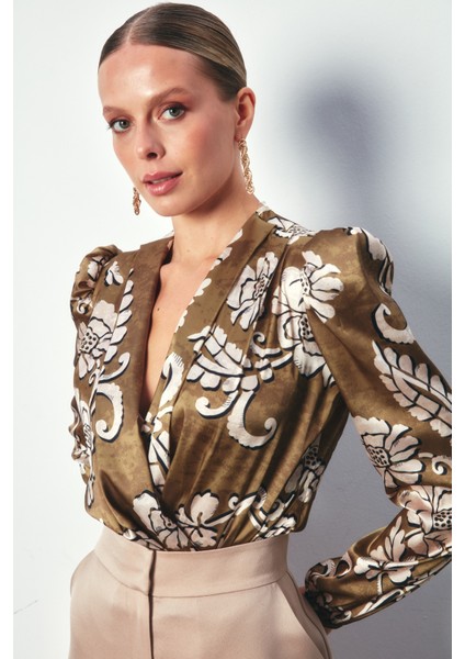 Desenli Bodysuit Bluz - Haki fırsatları