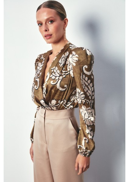 Desenli Bodysuit Bluz - Haki indirimleri