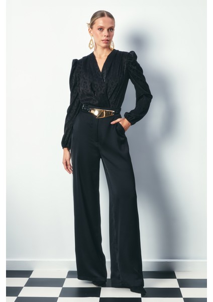 Kruvaze Desenli Bodysuit Bluz - Siyah