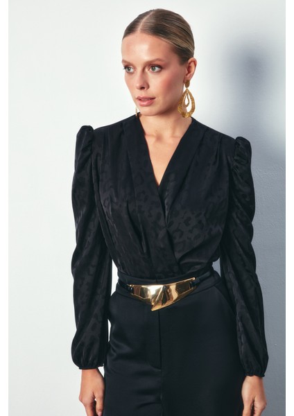 Kruvaze Desenli Bodysuit Bluz - Siyah fiyatları