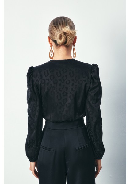 Kruvaze Desenli Bodysuit Bluz - Siyah fırsatları