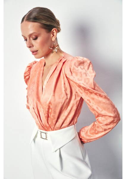 Kruvaze Desenli Bodysuit Bluz - Somon