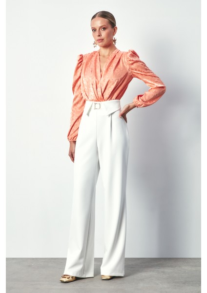 Kruvaze Desenli Bodysuit Bluz - Somon fiyatları