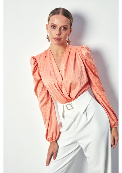Kruvaze Desenli Bodysuit Bluz - Somon modelleri