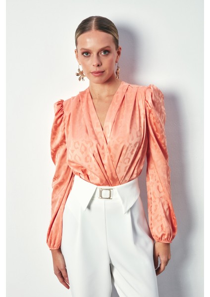 Kruvaze Desenli Bodysuit Bluz - Somon indirimleri