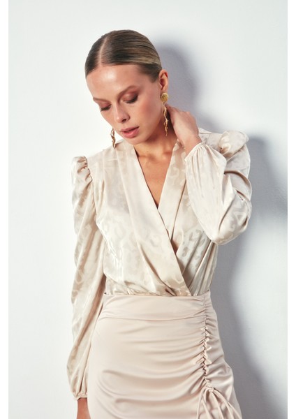 Kruvaze Desenli Bodysuit Bluz - Bej