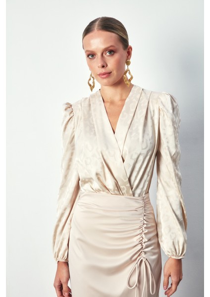 Kruvaze Desenli Bodysuit Bluz - Bej modelleri