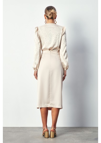 Kruvaze Desenli Bodysuit Bluz - Bej indirimleri