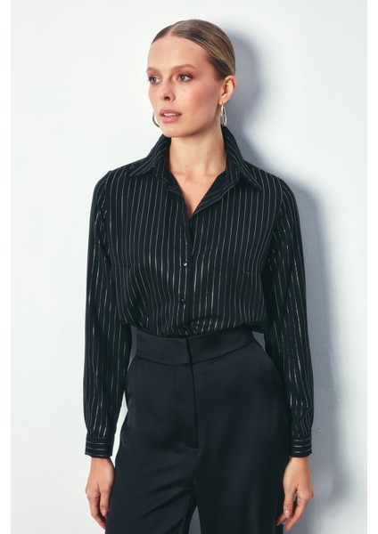 Parlak Çizgili Klasik Gömlek - Siyah fiyatları