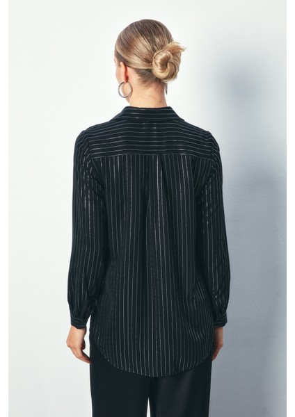 Parlak Çizgili Klasik Gömlek - Siyah indirimleri