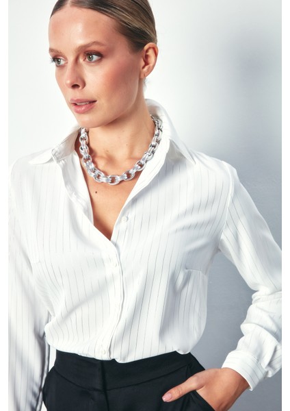 Parlak Çizgili Klasik Gömlek - Ekru indirimleri