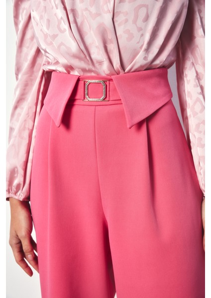 Bel Detaylı Geniş Paça Pantolon - Pembe modelleri