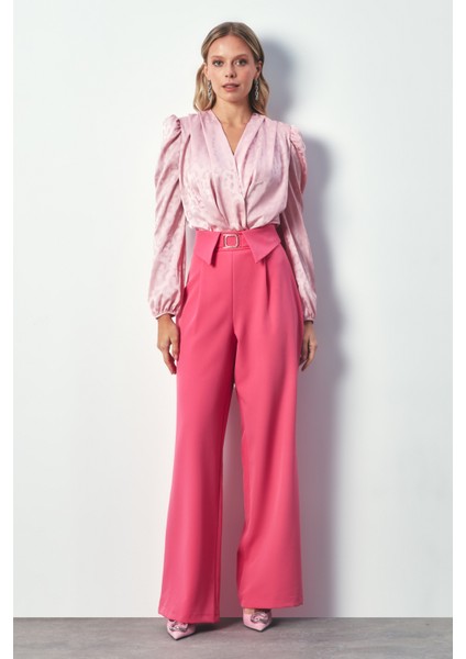 Bel Detaylı Geniş Paça Pantolon - Pembe