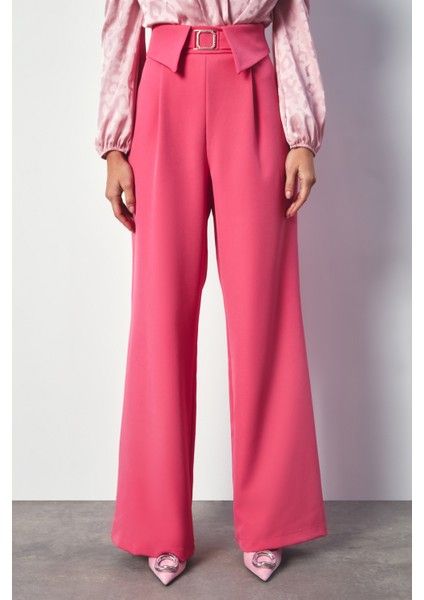 Bel Detaylı Geniş Paça Pantolon - Pembe fırsatları