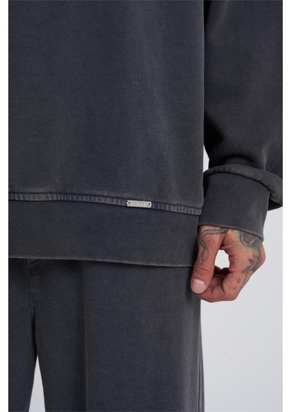 Yıkamalı Oversize Sweatshirt Siyah