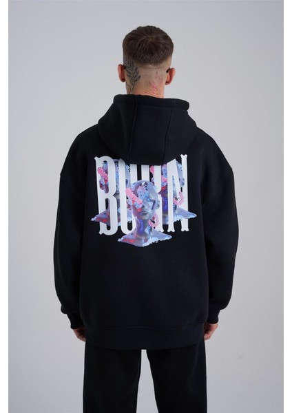 Çiçek Desenli Kapüşonlu Oversize Sweatshirt Siyah