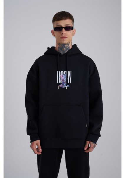 Çiçek Desenli Kapüşonlu Oversize Sweatshirt Siyah