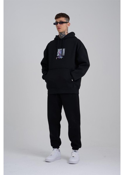 Çiçek Desenli Kapüşonlu Oversize Sweatshirt Siyah