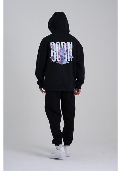 Çiçek Desenli Kapüşonlu Oversize Sweatshirt Siyah