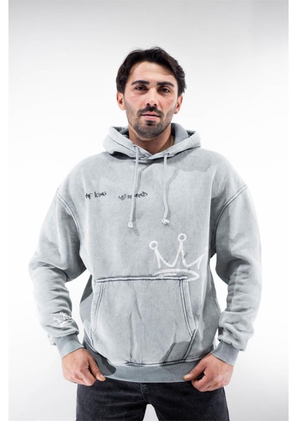 Kapüşonlu King Baskılı Sweatshirt Ekru