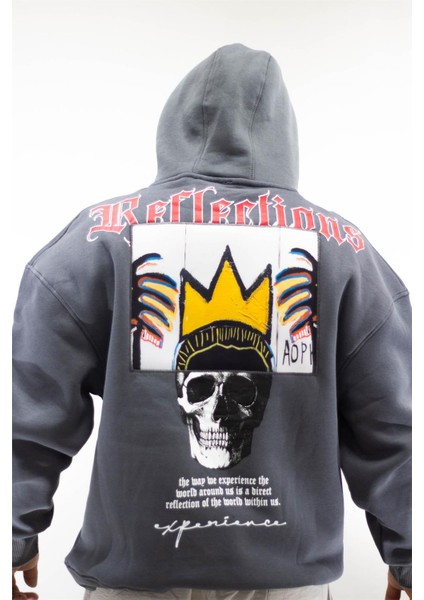 Kapüşonlu Reflection Baskılı Sweatshirt Koyu Gri