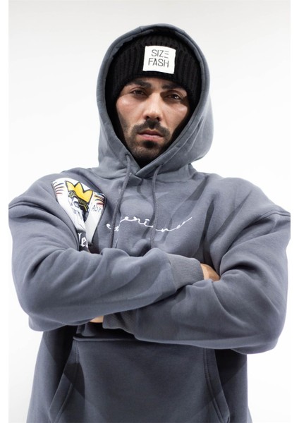 Kapüşonlu Reflection Baskılı Sweatshirt Koyu Gri