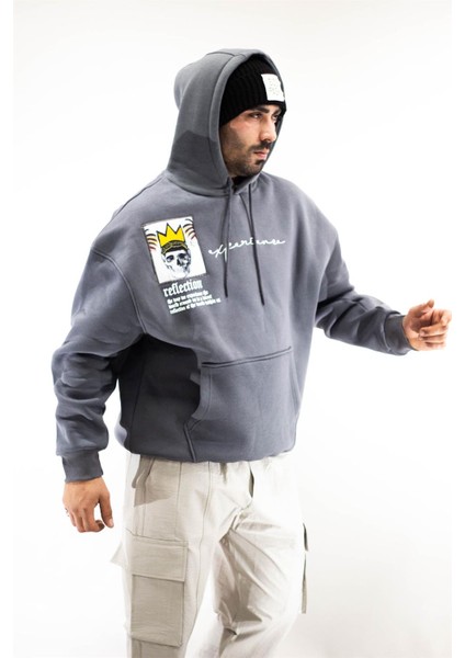Kapüşonlu Reflection Baskılı Sweatshirt Koyu Gri