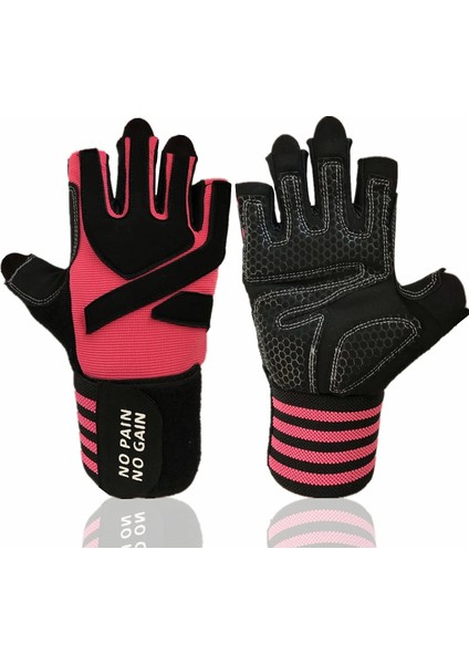 Yarım Parmak Pembe Tarzı M Beden Professional Half Full Finger Fitness Gloves Men With Wrist Support Gym Exercise Powerlifting Pull Up Protector (Yurt Dışından)