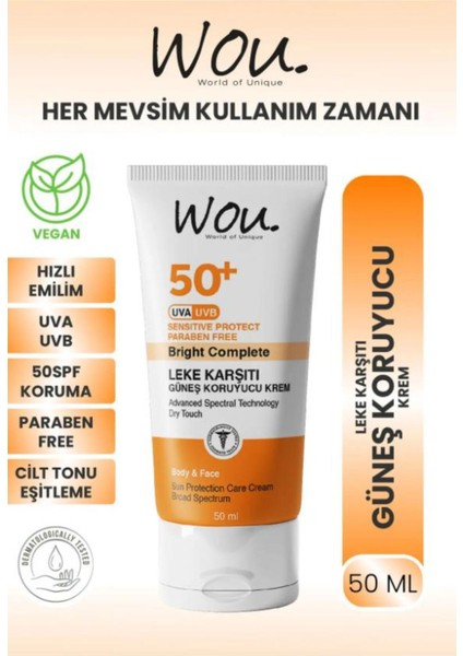 World Of Unique Wou Leke Karşıtı Yüksek Koruma Güneş Kremi SPF50 50 ml